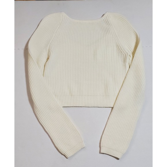 Garage Cream Cropped Knit Sweater Long Sleeve Scoop Neck Ribbed Top - Picture 5 of 14